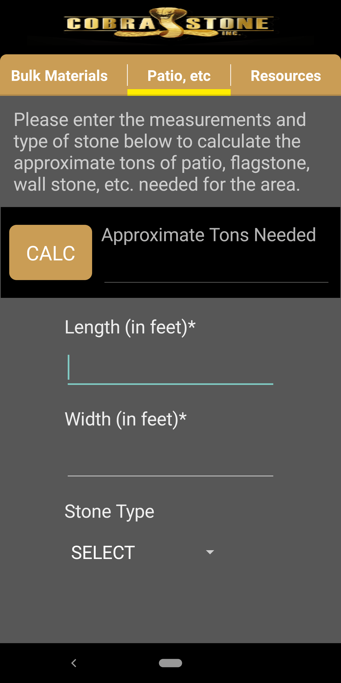 Materials Calculator for Cobra Stone